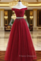 Charming Off Shoulder Tulle Beaded Formal Prom Gown, Wine Red Long Junior Formal Prom Dress