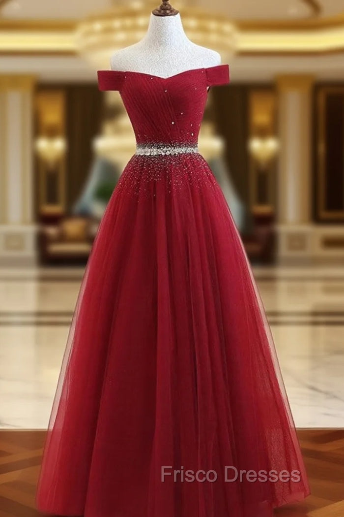 Charming Off Shoulder Tulle Beaded Formal Prom Gown, Wine Red Long Junior Formal Prom Dress