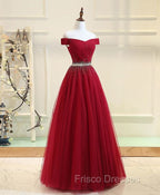 Charming Off Shoulder Tulle Beaded Formal Prom Gown, Wine Red Long Junior Formal Prom Dress
