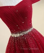 Charming Off Shoulder Tulle Beaded Formal Prom Gown, Wine Red Long Junior Formal Prom Dress