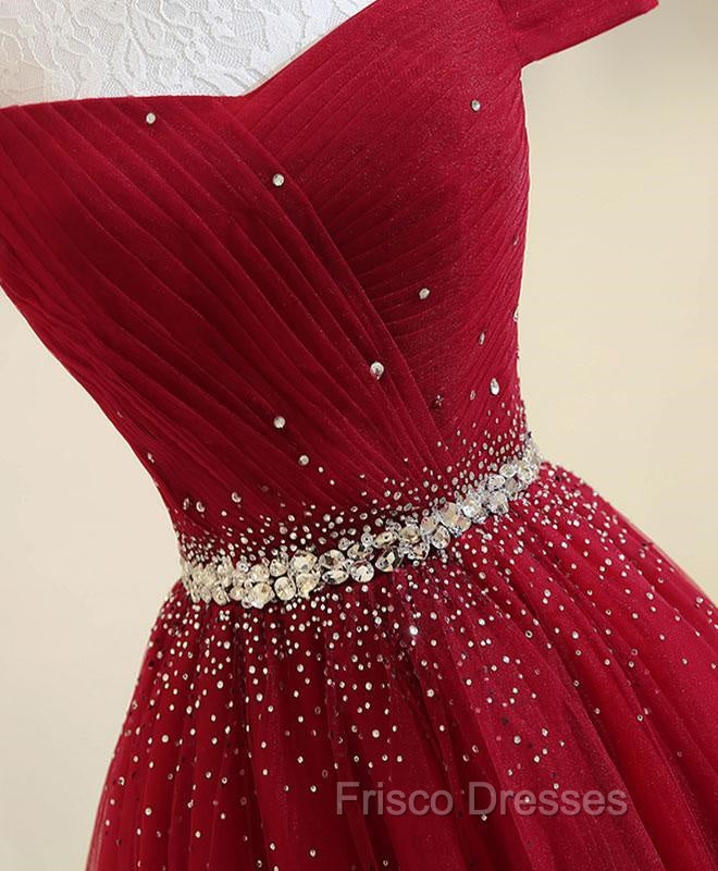 Charming Off Shoulder Tulle Beaded Formal Prom Gown, Wine Red Long Junior Formal Prom Dress
