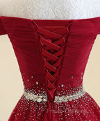 Charming Off Shoulder Tulle Beaded Formal Prom Gown, Wine Red Long Junior Formal Prom Dress