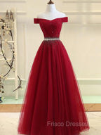Charming Off Shoulder Tulle Beaded Formal Prom Gown, Wine Red Long Junior Formal Prom Dress