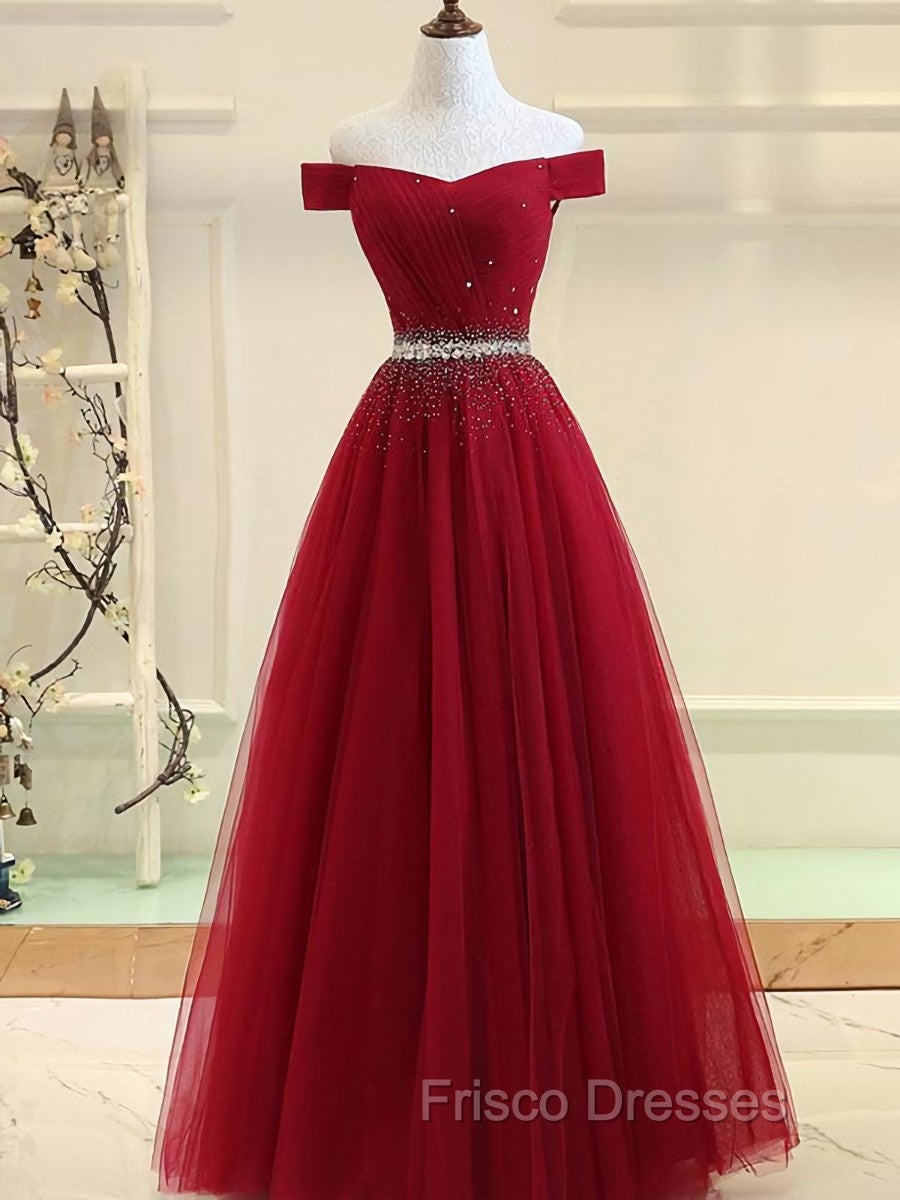 Charming Off Shoulder Tulle Beaded Formal Prom Gown, Wine Red Long Junior Formal Prom Dress