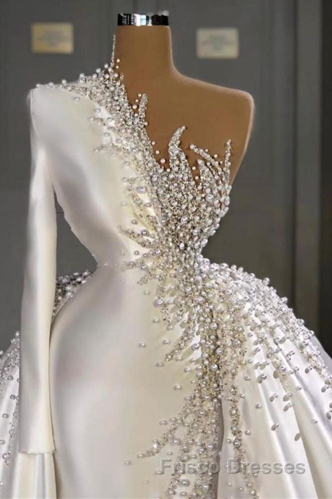 Charming One Shoulder Satin Mermaid Bridal Gowns Pearls Beading Party Gowns Secondary image