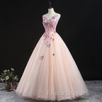 Charming Pink Flowers Ball Gown Long Sweet 16 Dress, Pink Formal Prom Dress