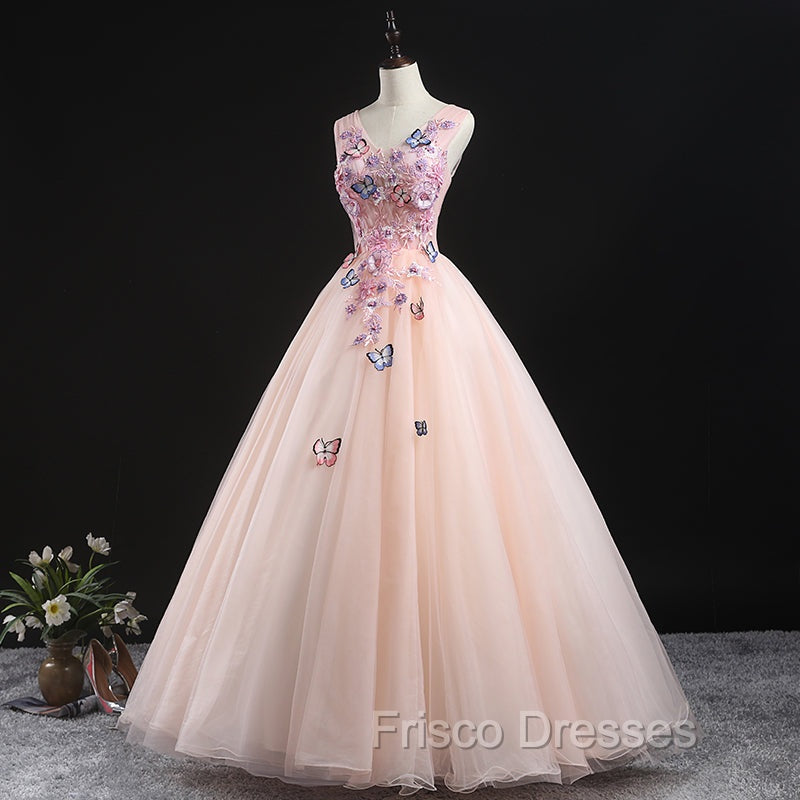 Charming Pink Flowers Ball Gown Long Sweet 16 Dress, Pink Formal Prom Dress
