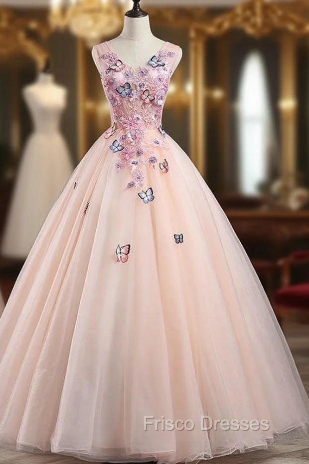 Charming Pink Flowers Ball Gown Long Sweet 16 Dress, Pink Formal Prom Dress