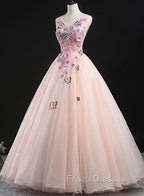 Charming Pink Flowers Ball Gown Long Sweet 16 Dress, Pink Formal Prom Dress