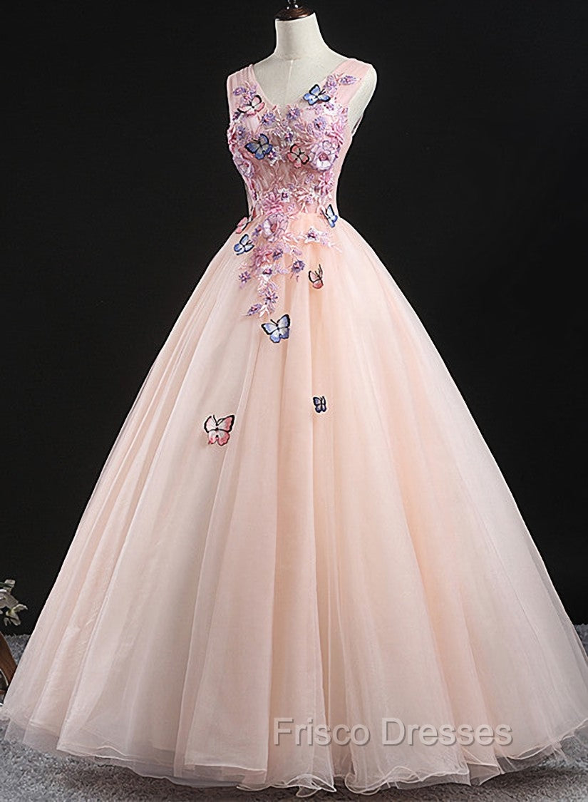 Charming Pink Flowers Ball Gown Long Sweet 16 Dress, Pink Formal Prom Dress