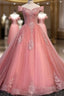 Charming Pink Off Shoulder Lace Applique Sweetheart Party Dress, Pink Formal Prom Dress