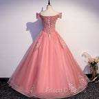Charming Pink Off Shoulder Lace Applique Sweetheart Party Dress, Pink Formal Prom Dress