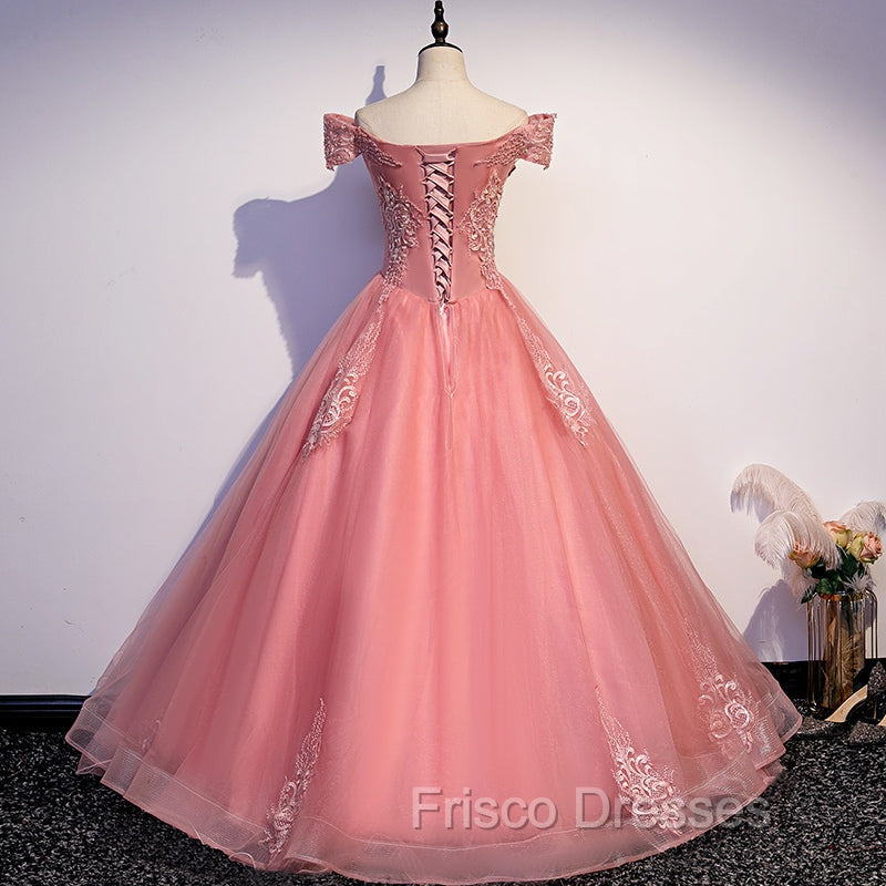 Charming Pink Off Shoulder Lace Applique Sweetheart Party Dress, Pink Formal Prom Dress