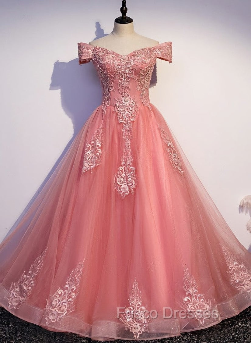 Charming Pink Off Shoulder Lace Applique Sweetheart Party Dress, Pink Formal Prom Dress Main image
