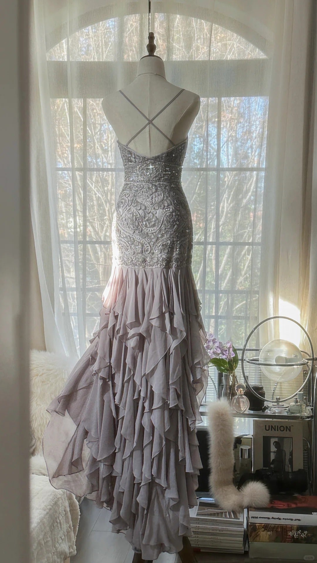 Charming Purple Beaded Short Front And Long Back Ruffled Chiffon Skirt Prom Dress