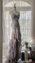 Charming Purple Beaded Short Front And Long Back Ruffled Chiffon Skirt Prom Dress
