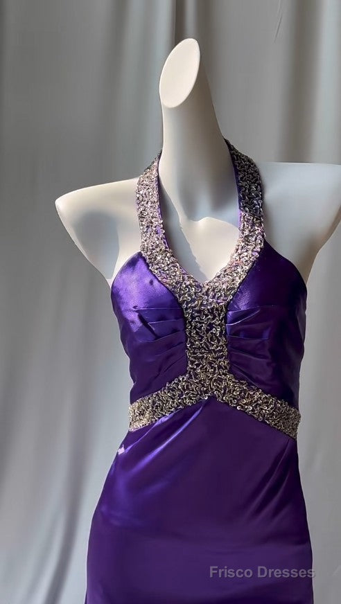 Charming Purple Halter Satin Sheath Beaded Sequins Backless Prom Dress Temperament Evening Dress Secondary image