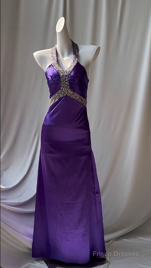 Charming Purple Halter Satin Sheath Beaded Sequins Backless Prom Dress Temperament Evening Dress Main image