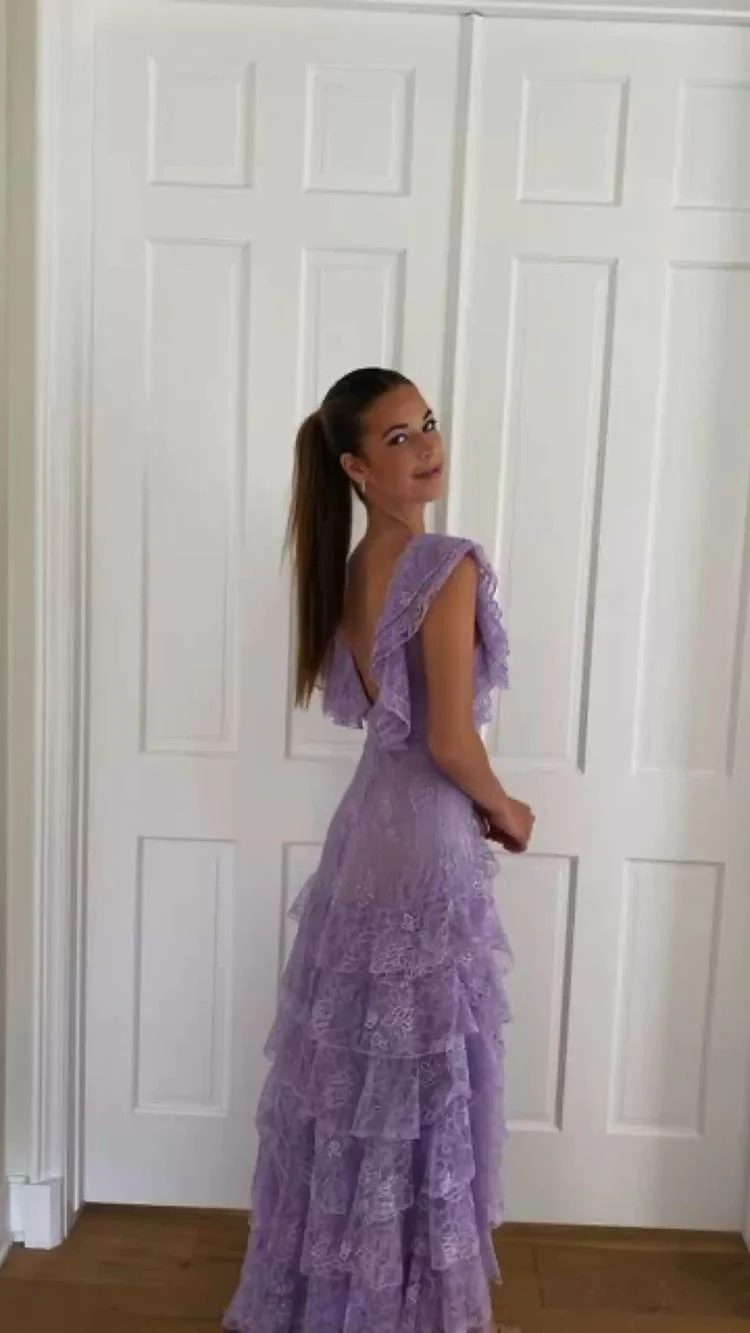 Lilac Long Prom Dress Layed Lace Evening Dress