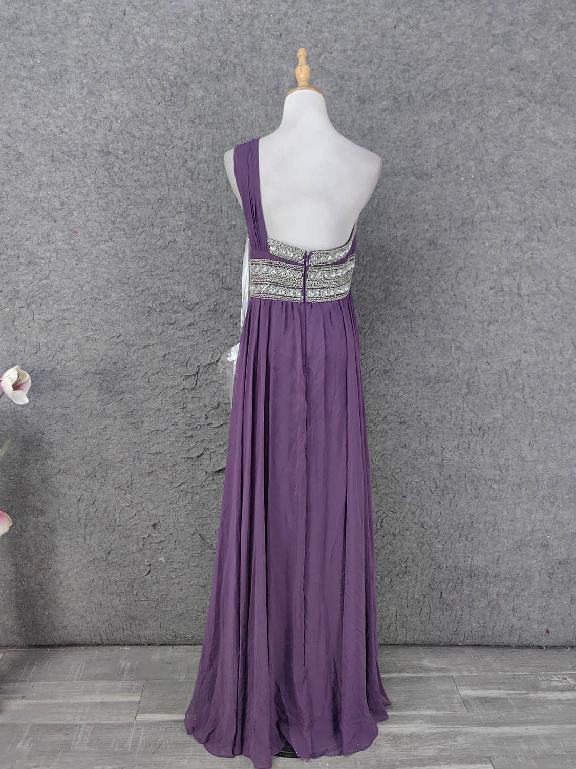 Charming Purple One-Shoulder Square Neck Rhinestone Beaded Chiffon Long Prom Dress Evening Dress