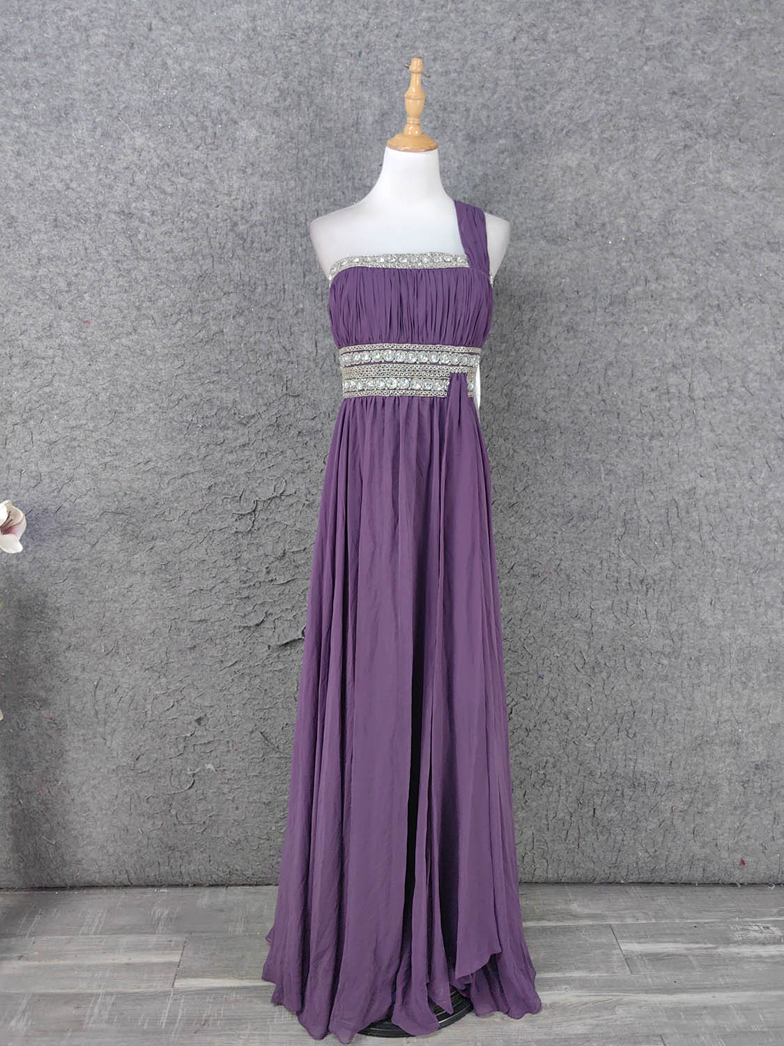 Charming Purple One-Shoulder Square Neck Rhinestone Beaded Chiffon Long Prom Dress Evening Dress
