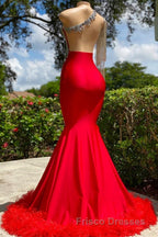 Charming Red Long Mermaid Tassel One Shoulder Satin Backless Formal Prom Dress