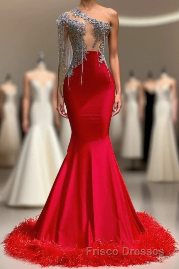 Charming Red Long Mermaid Tassel One Shoulder Satin Backless Formal Prom Dress Main image
