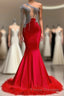 Charming Red Long Mermaid Tassel One Shoulder Satin Backless Formal Prom Dress