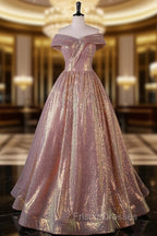 Charming Rose Gold Sequins Long Party Dress, Off Shoulder Sequins Formal Prom Dress