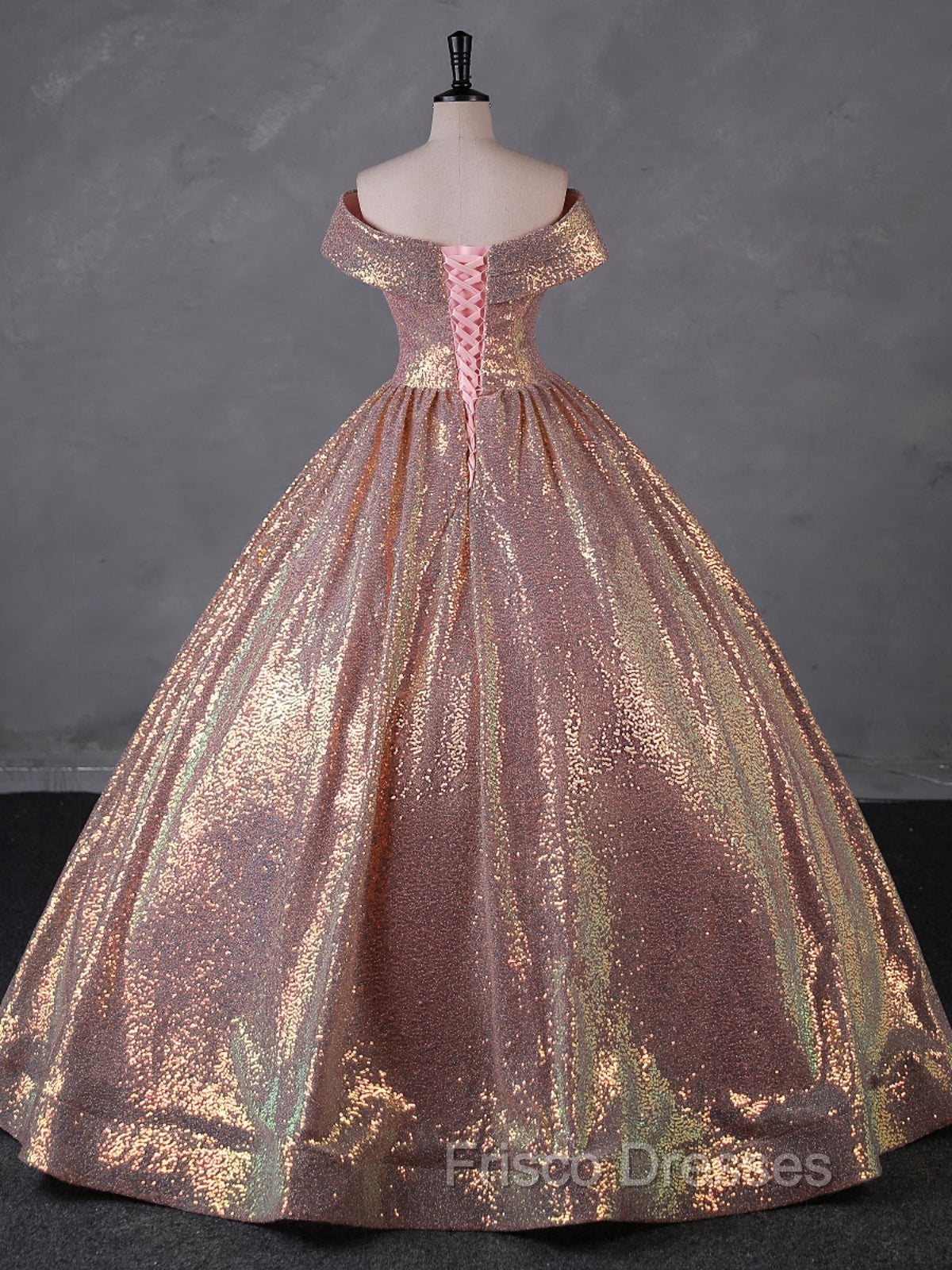 Charming Rose Gold Sequins Long Party Dress, Off Shoulder Sequins Formal Prom Dress