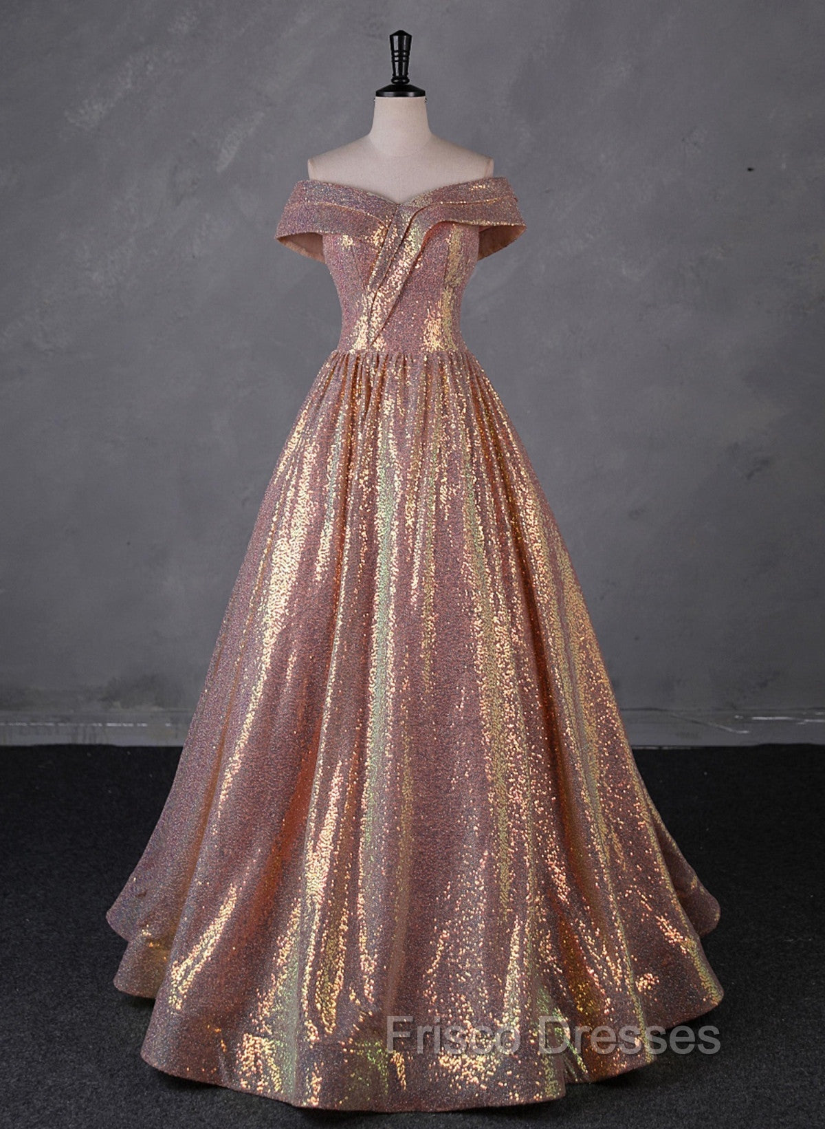 Charming Rose Gold Sequins Long Party Dress, Off Shoulder Sequins Formal Prom Dress