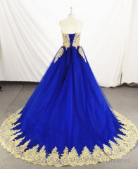Charming Royal Blue Tulle Party Dress With Gold Lace Applique, Prom Dress