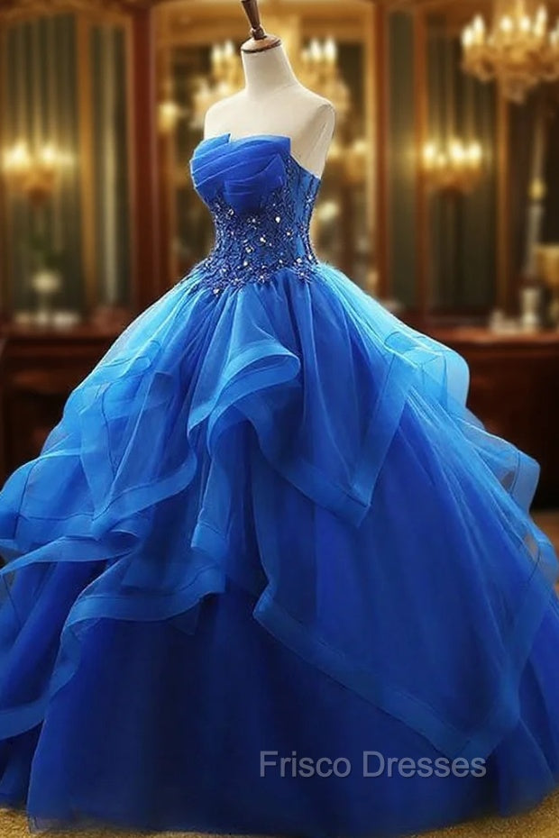 Charming Royal Blue Tulle Formal Prom Gown , Sweet Party Dress