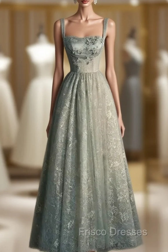 Charming Sage Green Long Tulle Lace Formal Prom Dress A Line Party Evening Dress Main image