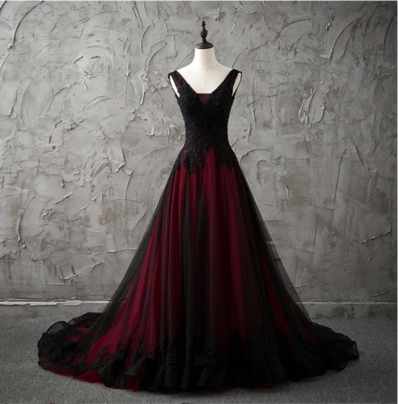 Charming Sleeveless Black And Red Lace Appliques Beaded Party Dress, Low Back Prom Dress Secondary image