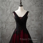 Charming Sleeveless Black and Red Lace Appliques Beaded Party Dress, Low Back Formal Prom Dress