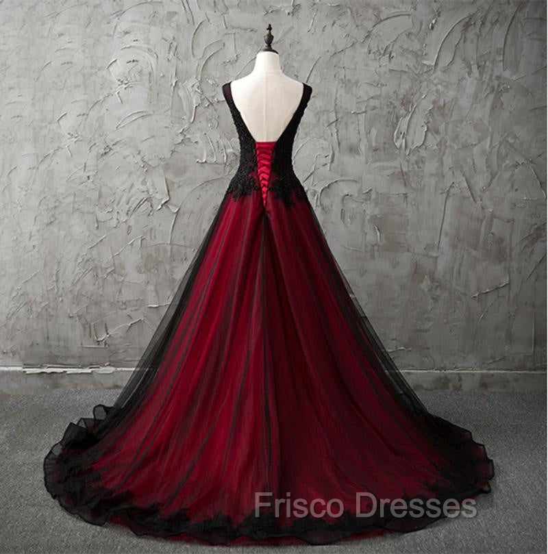 Charming Sleeveless Black and Red Lace Appliques Beaded Party Dress, Low Back Formal Prom Dress