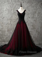 Charming Sleeveless Black and Red Lace Appliques Beaded Party Dress, Low Back Formal Prom Dress