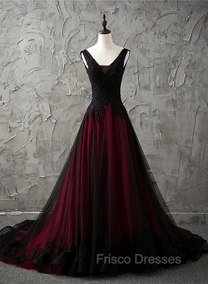 Charming Sleeveless Black and Red Lace Appliques Beaded Party Dress, Low Back Formal Prom Dress