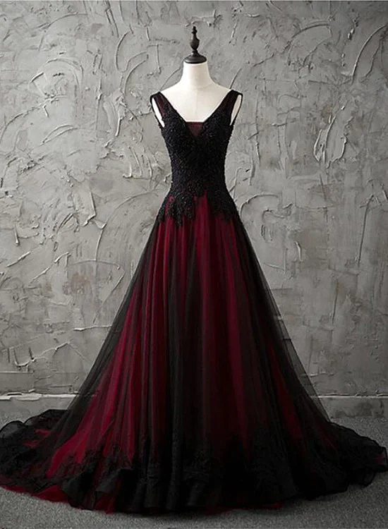 Charming Sleeveless Black And Red Lace Appliques Beaded Party Dress, Low Back Prom Dress Main image