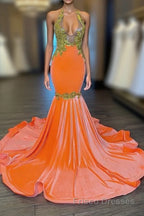 Charming Sleeveless Halter Backless Mermaid Formal Prom Dresses With Gold Beading