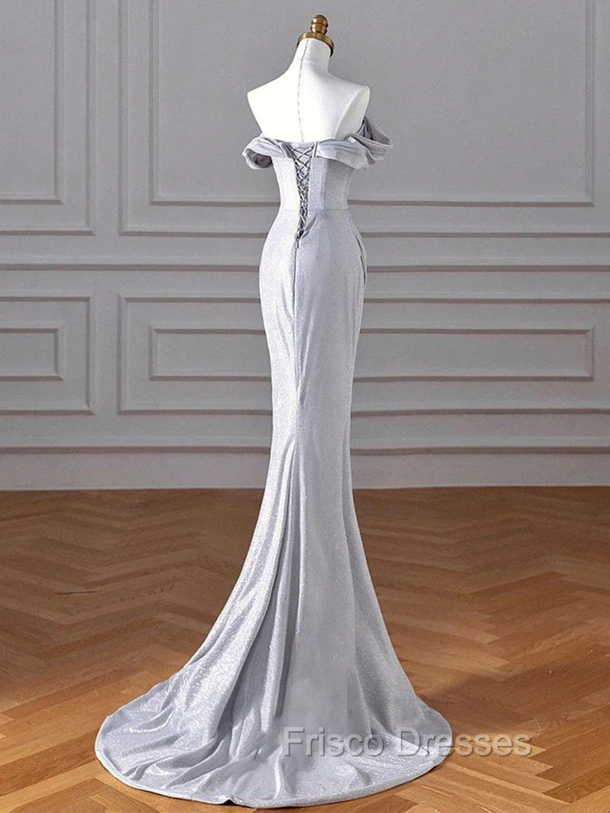 Charming Sliver Mermaid Party Dress, Sliver Off Shoulder Long Formal Prom Dress With Leg Slit