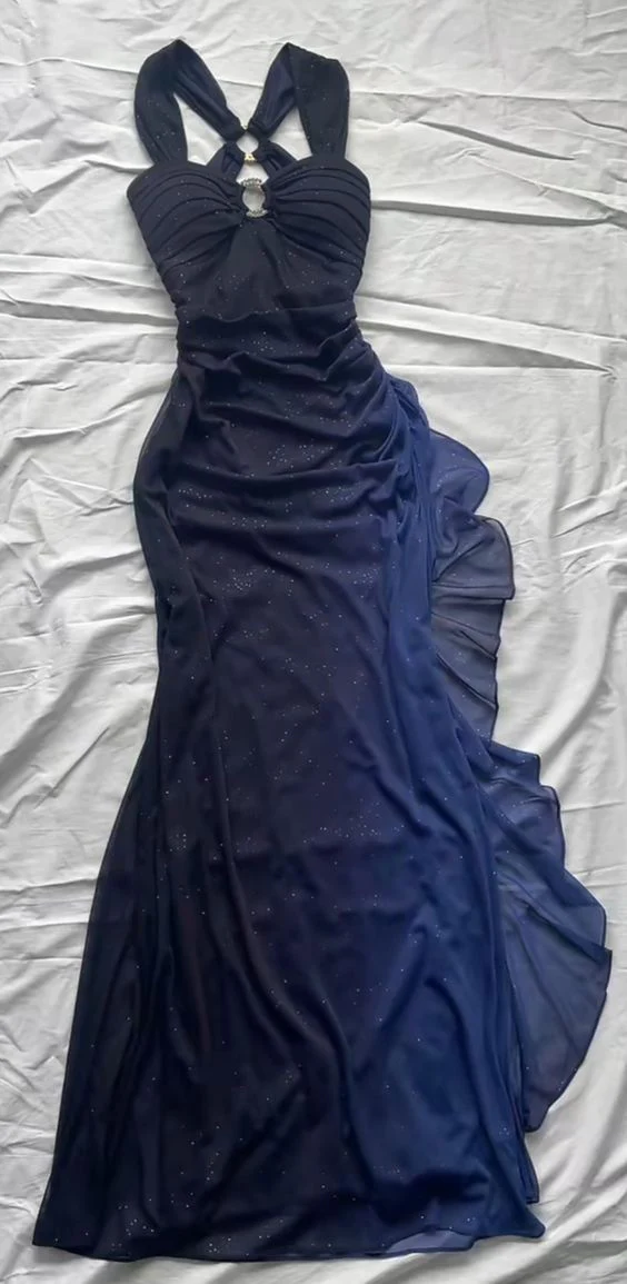 Charming Straps Navy Blue Ombre Long Backless Prom Dress Evening Dress Main image