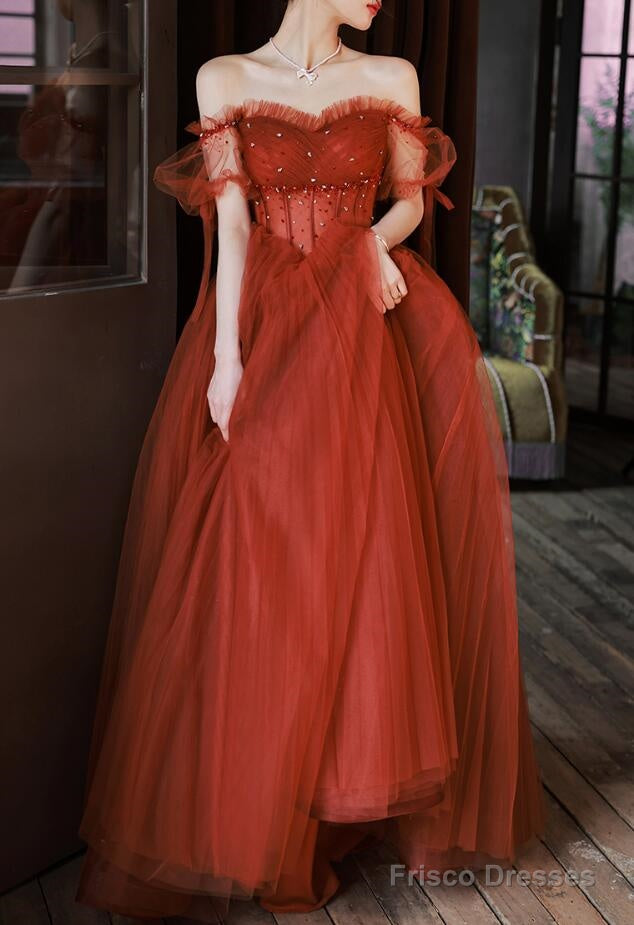 Charming Sweetheart Beaded Off Shoulder Long Party Dresses, Tulle Evening Gown