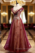 Charming Tulle Cap Sleeves Long New Party Gown, Formal Prom Dress