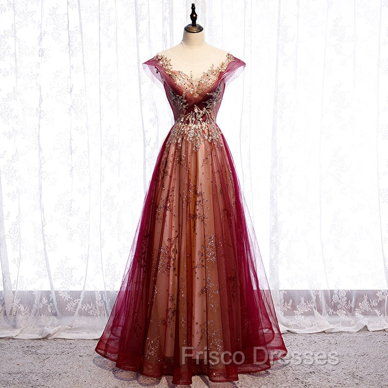 Charming Tulle Cap Sleeves Long New Party Gown, Formal Prom Dress