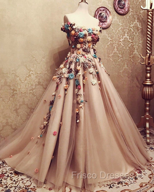 Charming Tulle Evening Dress 3D Flowers Embroidery Formal Prom Gowns