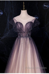 Charming Tulle Gradient Cap Sleeves Long Party Dress, A-Line Evening Gown