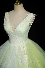 Charming Tulle Lace Green Formal Prom Dress, V-Neck Sleeveless Floor-Length Formal Evening Dress