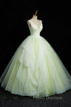Charming Tulle Lace Green Formal Prom Dress, V-Neck Sleeveless Floor-Length Formal Evening Dress